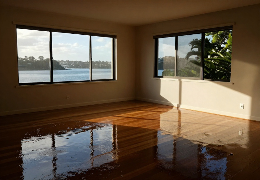 Flooded living room in Woolloomooloo before restoration