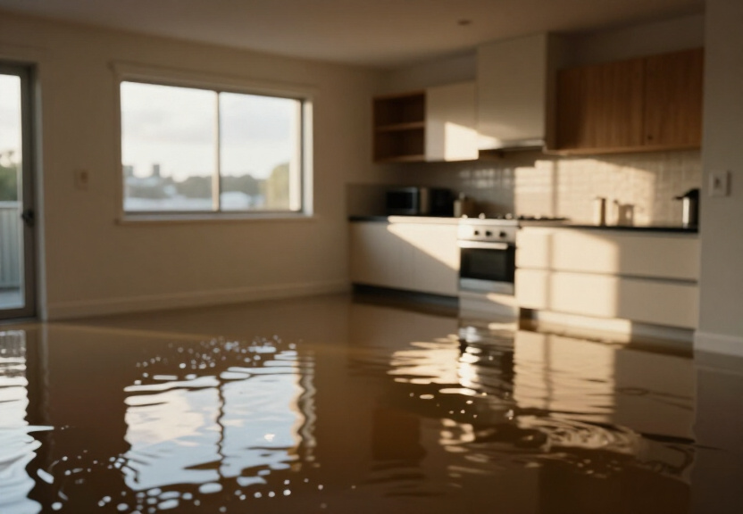 Flooded commercial kitchen in Woolloomooloo before cleanup